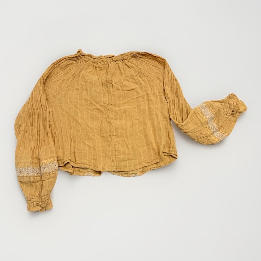 American Eagle Boho Spring Top Sz M Mustard Tassels Lace Eyelet Cropped Festival - Picture 2 of 9